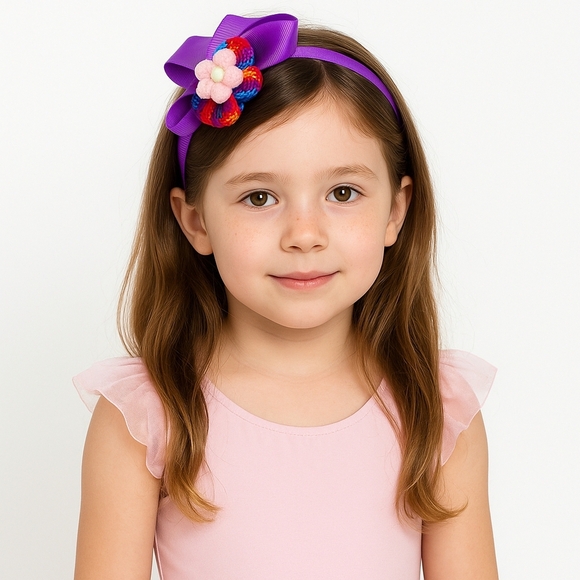 Hand Crafted Purple Bow Handmade Crochet Puffy Flower embellished with Rainbows - Picture 1 of 17